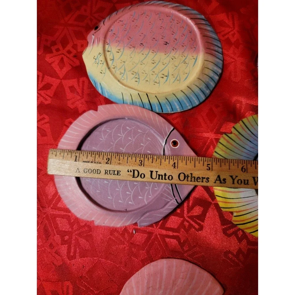 Hand Painted Wooden Fish Napkin Rings Home Decor Set of 6 with 4 Coasters